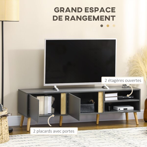 HOMCOM TV Stánek pro televizory do 55 palců, skandinávský design, 2 dveře, 2 police s vedením kabelů, 150 x 35 x 45 cm, tmavě šedá | Aosom