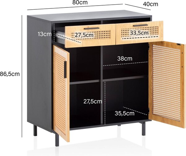 FineBuy Příborník 80x86,5x40 cm Komoda černá s vídeňskou vazbou Vysoká komoda Nadčasová skříňka do obývacího pokoje se 2 dvířky a zásuvkami