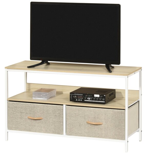 HOMCOM Nízký TV stolek na nožkách pro televizory do 47 palců, industriální styl, 2 látkové zásuvky, světle šedý, přírodní dřevo a bílý kov | Aosom