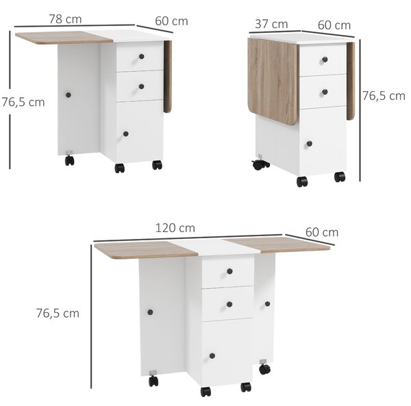 Skládací Kuchyňský Stůl HOMCOM s 2 Skládacími Místky, 2 Zásuvkami, 1 Skříňkou a 1 Úložným Policím 120 x 60 x 76,5 cm - Bílá a Dub | Aosom
