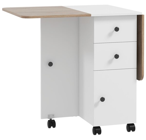 Skládací Kuchyňský Stůl HOMCOM s 2 Skládacími Místky, 2 Zásuvkami, 1 Skříňkou a 1 Úložným Policím 120 x 60 x 76,5 cm - Bílá a Dub | Aosom