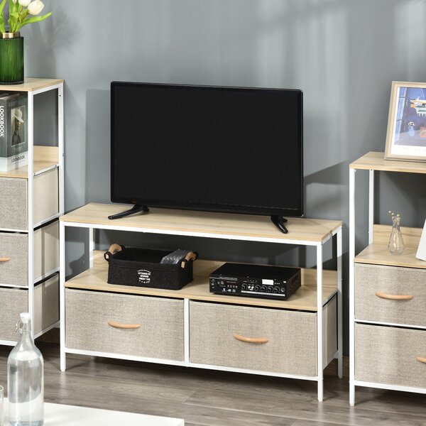 HOMCOM Nízký TV stolek na nožkách pro televizory do 47 palců, industriální styl, 2 látkové zásuvky, světle šedý, přírodní dřevo a bílý kov | Aosom