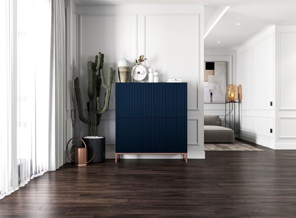 Komoda RTV Glamour 4D TV skříňka Moderní Nábytek Lindner 112cm x 36,5cm x 126 cm Barva: Námořnická modř Rám: měděná barva - kov