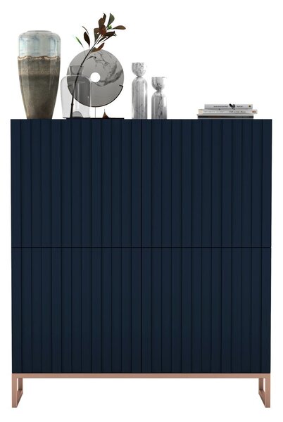 Komoda RTV Glamour 4D TV skříňka Moderní Nábytek Lindner 112cm x 36,5cm x 126 cm Barva: Námořnická modř Rám: měděná barva - kov