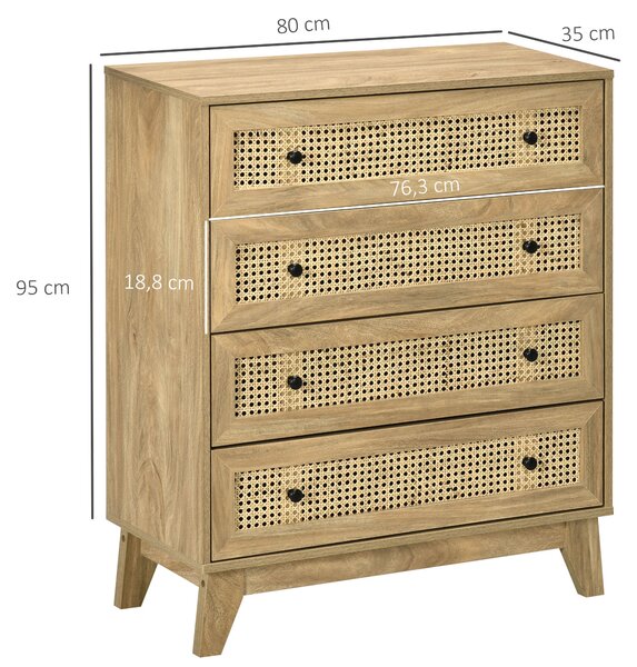 HOMCOM Komoda se 4 šuplíky s ratanovým ratanem 80 x 35 x 95 cm Světlé dřevěné provedení | Aosom