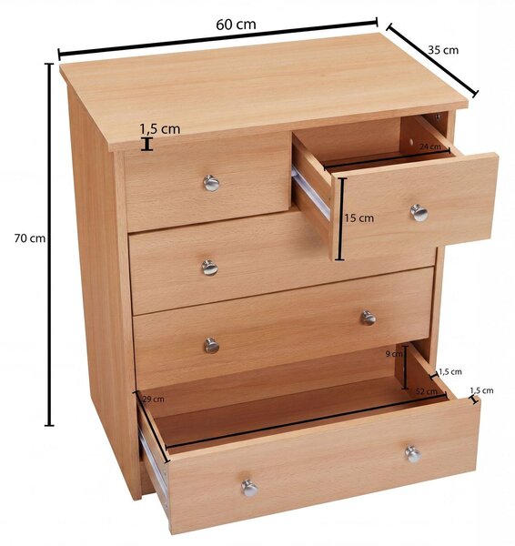 FineBuy Design Dřevěná komoda z bukového dřeva 60 x 70 x 35 cm s 5 zásuvkami Univerzální nízká skříňka do předsíně Moderní příborník Nadčasová skříňka