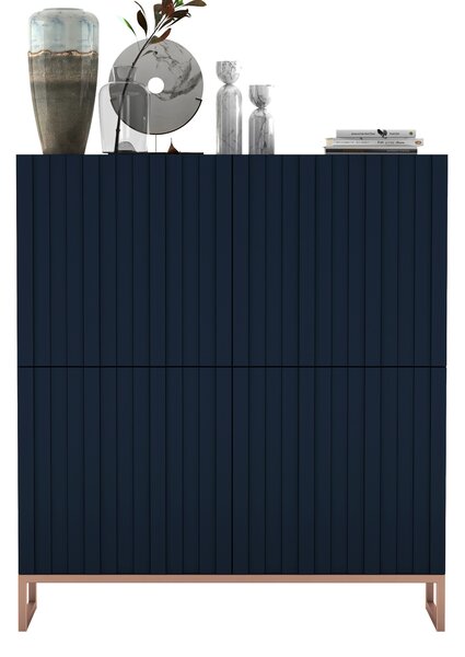 Komoda RTV Glamour 4D TV skříňka Moderní Nábytek Lindner 112cm x 36,5cm x 126 cm Barva: Námořnická modř Rám: měděná barva - kov