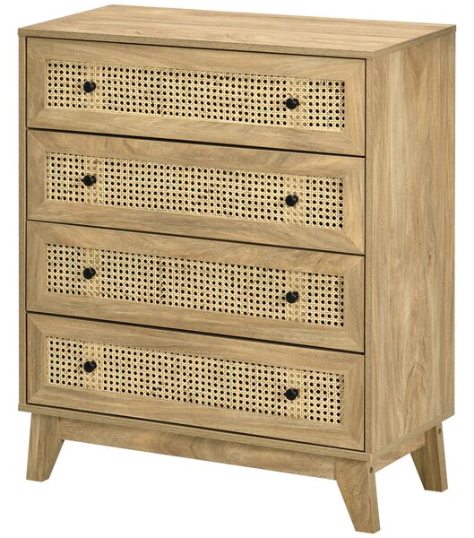 HOMCOM Komoda se 4 šuplíky s ratanovým ratanem 80 x 35 x 95 cm Světlé dřevěné provedení | Aosom