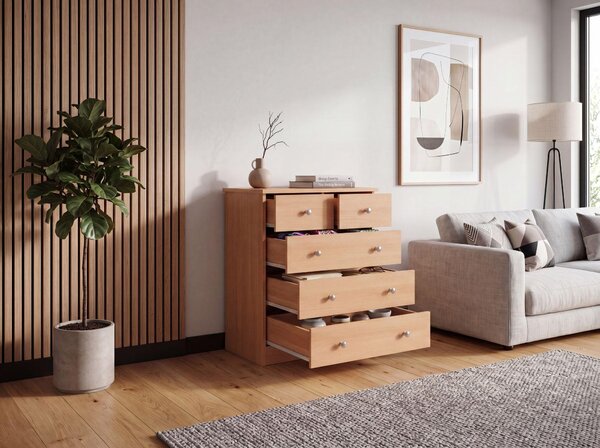 FineBuy Design Dřevěná komoda z bukového dřeva 60 x 70 x 35 cm s 5 zásuvkami Univerzální nízká skříňka do předsíně Moderní příborník Nadčasová skříňka