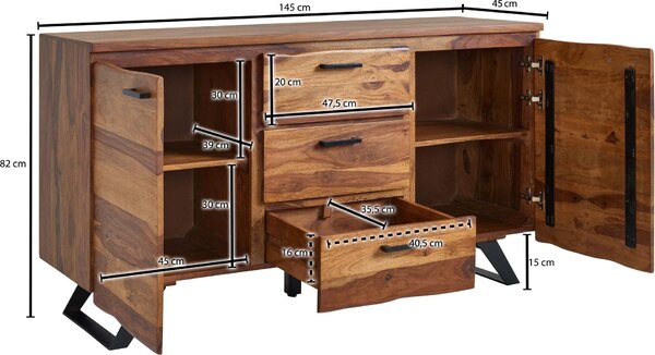 FineBuy Příborník z masivního dřeva sheesham 145 cm, 2 dvířka a 3 zásuvky – masivní retro komoda s okraji dřeva – designový přírodní příborník – ruční výroba v industriálním stylu