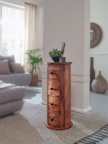 FineBuy Designová příborník 85 cm z masivního dřeva sheesham, Ø 35 cm, skříňka se zásuvkami, úzká příborník, masivní mini komoda, kulatá