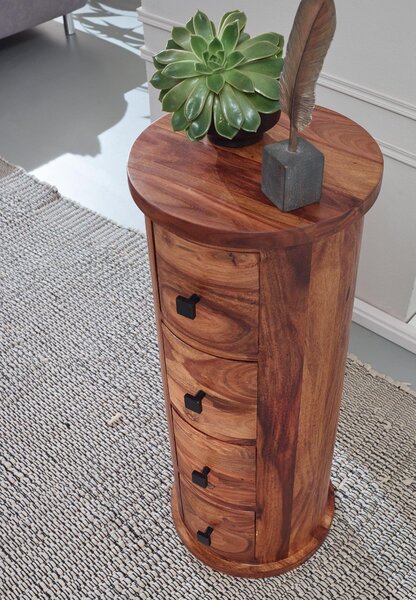 FineBuy Designová příborník 85 cm z masivního dřeva sheesham, Ø 35 cm, skříňka se zásuvkami, úzká příborník, masivní mini komoda, kulatá