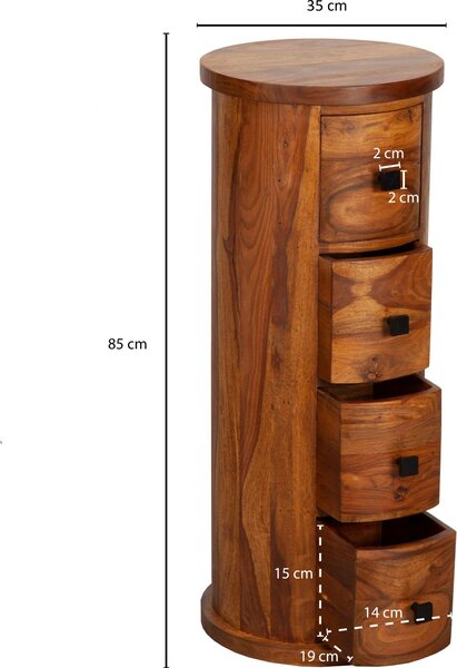 FineBuy Designová příborník 85 cm z masivního dřeva sheesham, Ø 35 cm, skříňka se zásuvkami, úzká příborník, masivní mini komoda, kulatá