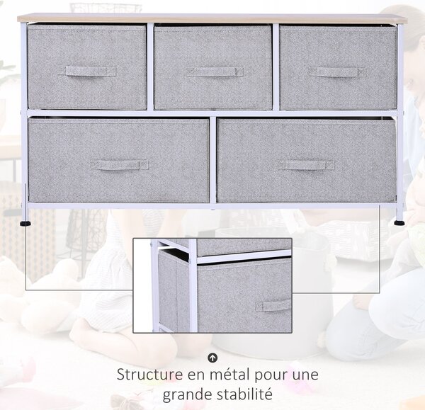 HOMCOM Komoda 100 x 30 x 54 cm s 5 Úložnými Šuplíky - Šedý Ocelový Rám, Bílá Světlá Dřevěná Deska | Aosom