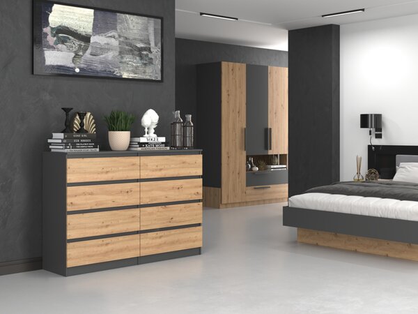 Komoda, předsíň do ložnice, šatní skříň, příborník, vysoká deska s 8 zásuvkami, šířka 140 cm výška 97 | antracit Artisan