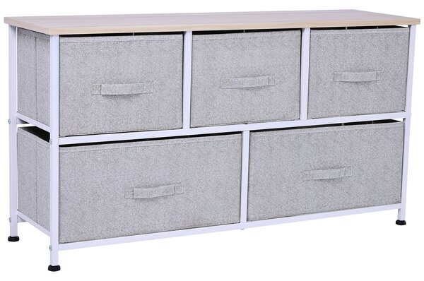 HOMCOM Komoda 100 x 30 x 54 cm s 5 Úložnými Šuplíky - Šedý Ocelový Rám, Bílá Světlá Dřevěná Deska | Aosom