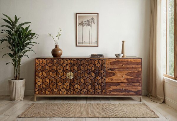 WOHNLING Komoda z masivního dřeva sheesham, 180 cm, s 2 dvířky a 3 zásuvkami, moderní design s geometrickým vzorem, komoda do obývacího pokoje a jídelny