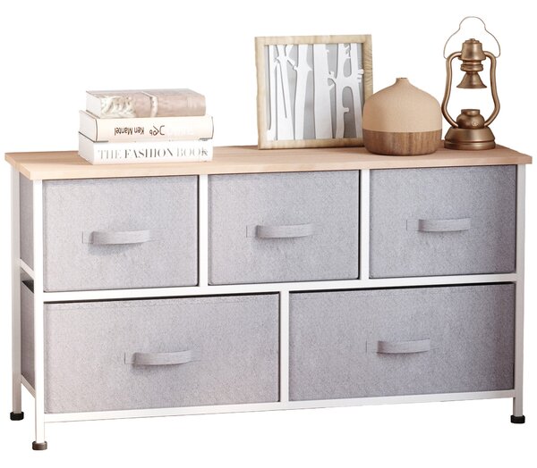 HOMCOM Komoda 100 x 30 x 54 cm s 5 Úložnými Šuplíky - Šedý Ocelový Rám, Bílá Světlá Dřevěná Deska | Aosom
