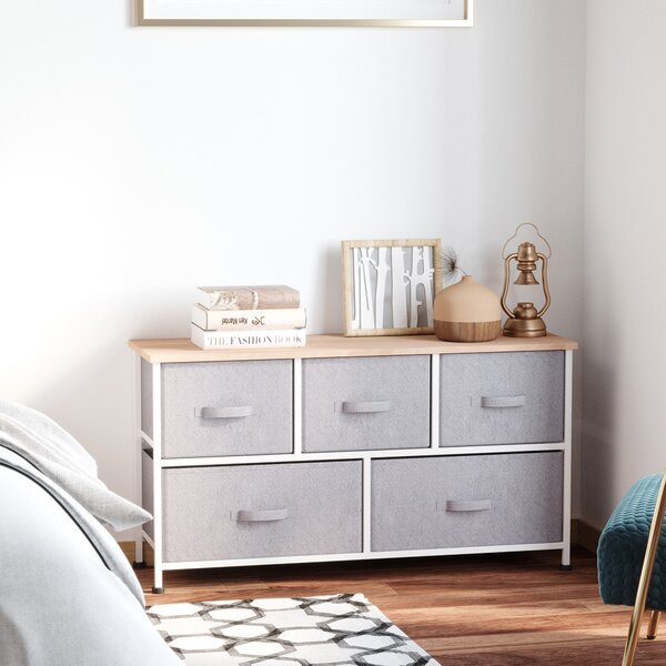 HOMCOM Komoda 100 x 30 x 54 cm s 5 Úložnými Šuplíky - Šedý Ocelový Rám, Bílá Světlá Dřevěná Deska | Aosom