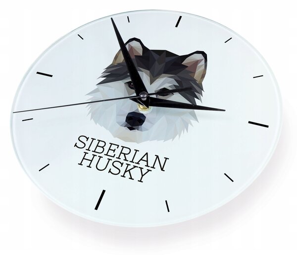 Sibiřský husky skleněné nástěnné hodiny s geometrickým psem