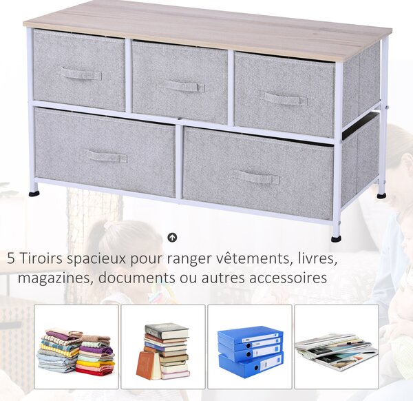 HOMCOM Komoda 100 x 30 x 54 cm s 5 Úložnými Šuplíky - Šedý Ocelový Rám, Bílá Světlá Dřevěná Deska | Aosom