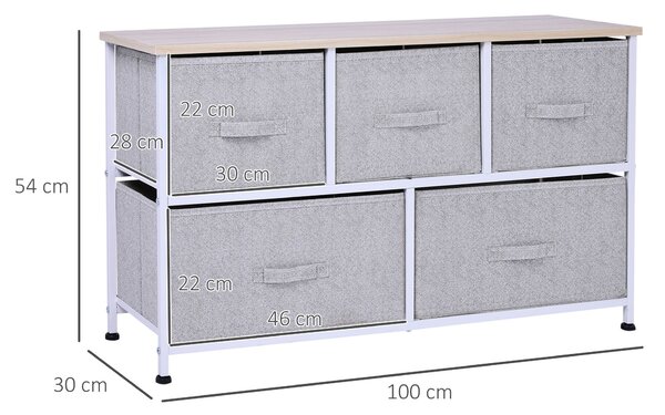 HOMCOM Komoda 100 x 30 x 54 cm s 5 Úložnými Šuplíky - Šedý Ocelový Rám, Bílá Světlá Dřevěná Deska | Aosom