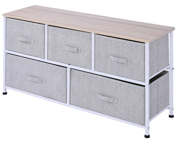 HOMCOM Komoda 100 x 30 x 54 cm s 5 Úložnými Šuplíky - Šedý Ocelový Rám, Bílá Světlá Dřevěná Deska | Aosom