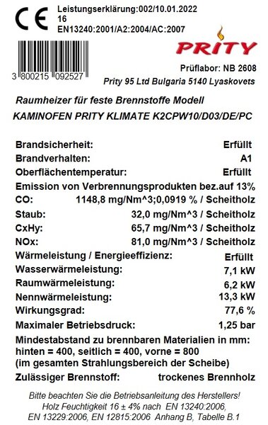 EEK A - Vodní kamna Prity K2 CP W10 - 6,2 + 7,1 Kw