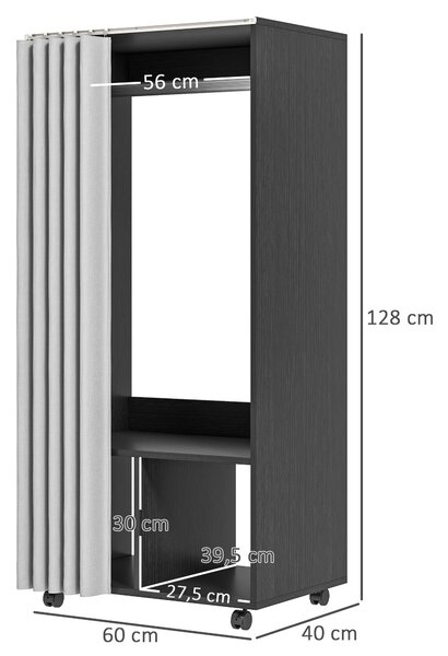 HOMCOM Mobilní Skříň s Okenicemi a Úložným Prostorem, 4 Kolečka s Visicím Tyčem a Policemi, Rychlovysoce Oblékací Stojan pro Ložnici, 60 x 40 x 128 cm