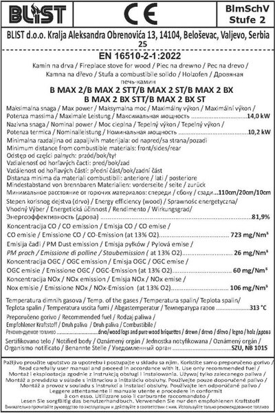 Krbová kamna BLIST B MAX 2, 10 kW, antracit
