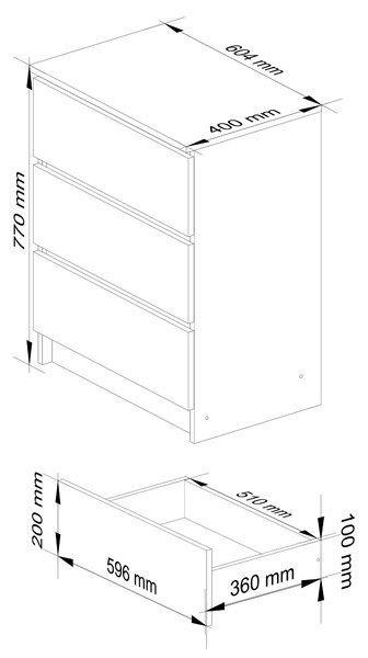 AKORD Furniture Factory OP0LK-6ARTSZAR002, Dub, 3 zásuvka/zásuvek, Matný, 16 mm, 51 cm, 400 mm