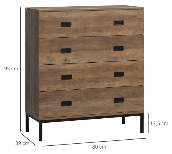 HOMCOM Komoda se 4 zásuvkami, industriální design, úložný nábytek s černými kovovými nohami 80 x 39 x 95 cm Hnědá | Aosom