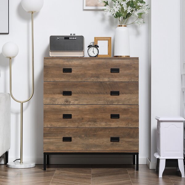 HOMCOM Komoda se 4 zásuvkami, industriální design, úložný nábytek s černými kovovými nohami 80 x 39 x 95 cm Hnědá | Aosom