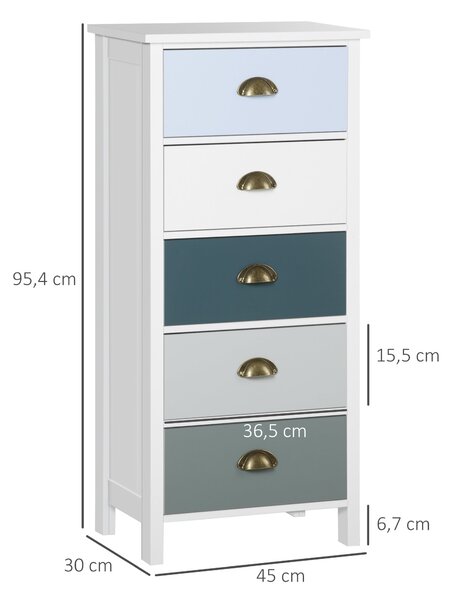 HOMCOM Vícebarevná komoda s 5 zásuvkami - úložný kabinet s kovovými úchytkami z MDF - rozměry 45D x 30Š x 95,4V cm | Aosom