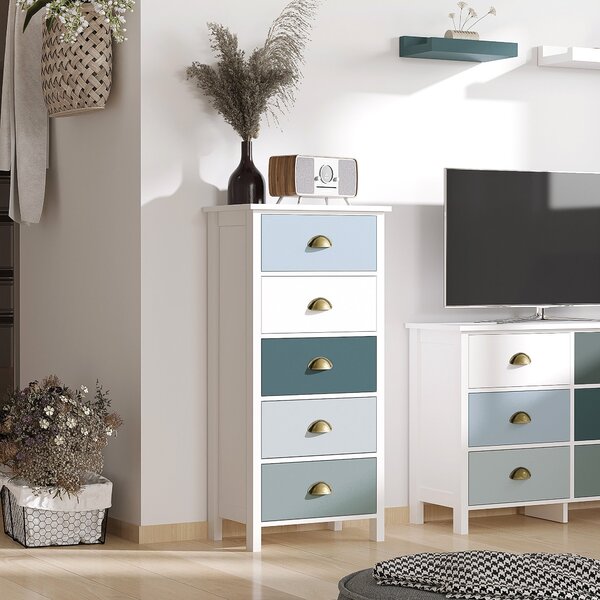 HOMCOM Vícebarevná komoda s 5 zásuvkami - úložný kabinet s kovovými úchytkami z MDF - rozměry 45D x 30Š x 95,4V cm | Aosom