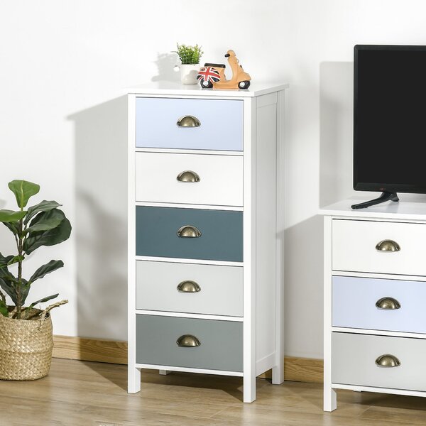 HOMCOM Vícebarevná komoda s 5 zásuvkami - úložný kabinet s kovovými úchytkami z MDF - rozměry 45D x 30Š x 95,4V cm | Aosom