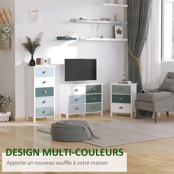 HOMCOM Vícebarevná komoda s 5 zásuvkami - úložný kabinet s kovovými úchytkami z MDF - rozměry 45D x 30Š x 95,4V cm | Aosom