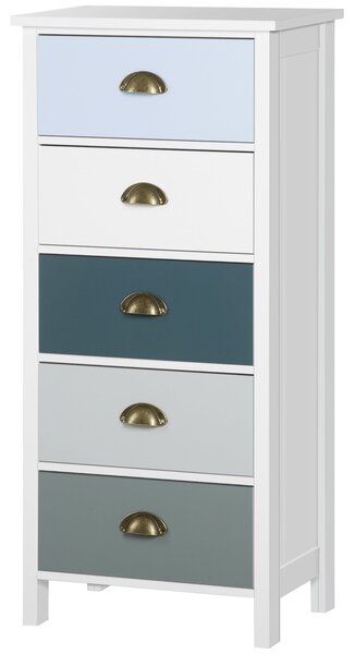 HOMCOM Vícebarevná komoda s 5 zásuvkami - úložný kabinet s kovovými úchytkami z MDF - rozměry 45D x 30Š x 95,4V cm | Aosom