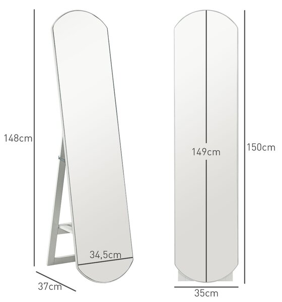 HOMCOM Zrcadlo na stojánku 150 cm, Velké zrcadlo se skladovací policí, Nástěnné nebo Stojící, do Ložnice, Předsíně, Chodby, Bílá | Aosom