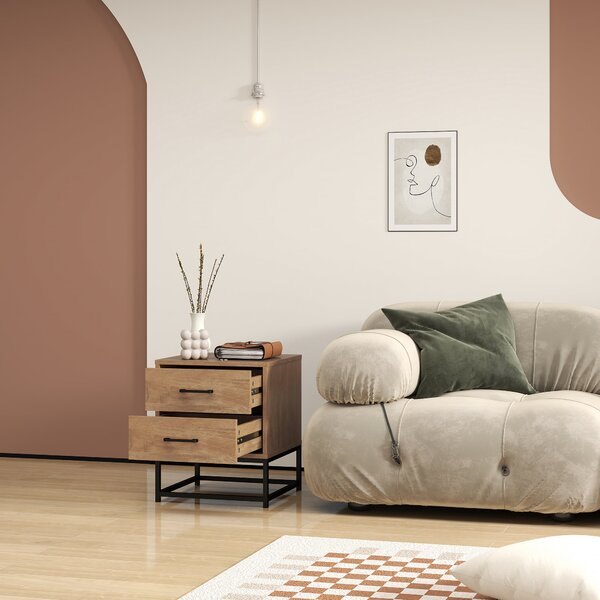 HOMCOM Sada 2 nočních stolků se 2 zásuvkami, noční stolek v industriálním stylu do ložnice a obývacího pokoje, rozměry 40 x 39,5 x 48 cm, přírodní dře