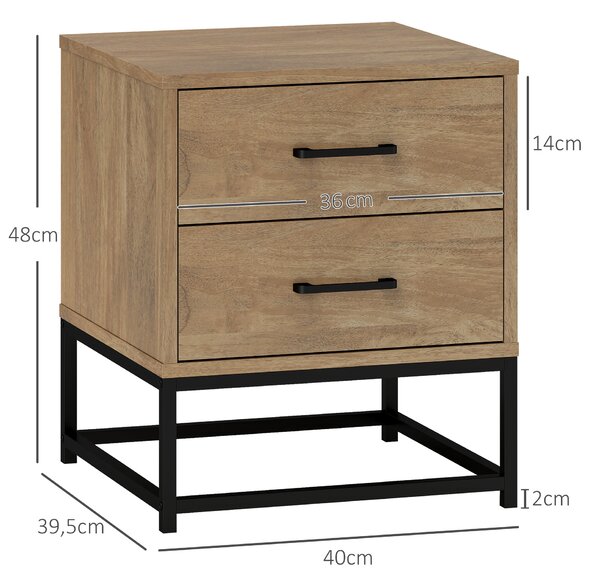 HOMCOM Sada 2 nočních stolků se 2 zásuvkami, noční stolek v industriálním stylu do ložnice a obývacího pokoje, rozměry 40 x 39,5 x 48 cm, přírodní dře