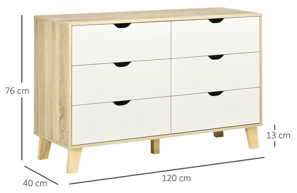 HOMCOM 6 zásuvková komoda v severském stylu s dřevěnými nohami, úložná jednotka pro ložnici a obývací pokoj, 120 x 40 x 76 cm, dřevo a bílá | Aosom