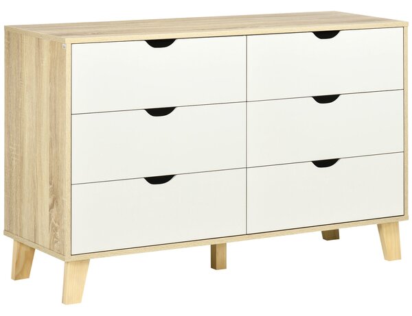 HOMCOM 6 zásuvková komoda v severském stylu s dřevěnými nohami, úložná jednotka pro ložnici a obývací pokoj, 120 x 40 x 76 cm, dřevo a bílá | Aosom