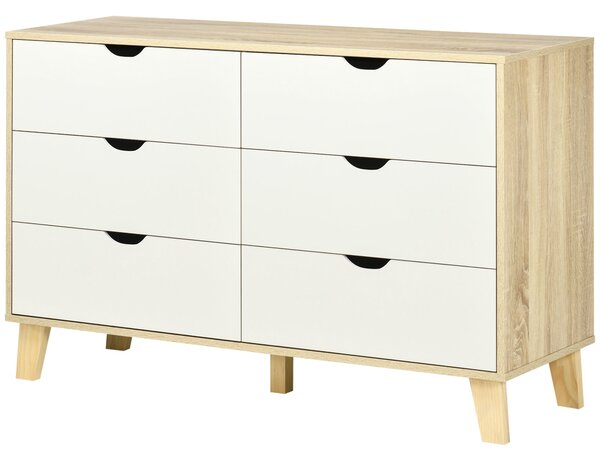 HOMCOM 6 zásuvková komoda v severském stylu s dřevěnými nohami, úložná jednotka pro ložnici a obývací pokoj, 120 x 40 x 76 cm, dřevo a bílá | Aosom