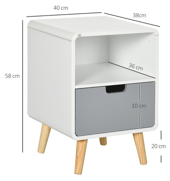 HOMCOM Skandinávský noční stolek 40D x 38Š x 58V cm se zásuvkou + nikou v bílé, modrošedé a šedé dřevě | Aosom