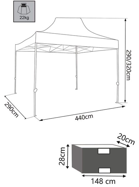 Teleskopický ocelový altán s polyesterovou plachtou a taškou, rozměry 3 x 4,5 m, model Kate