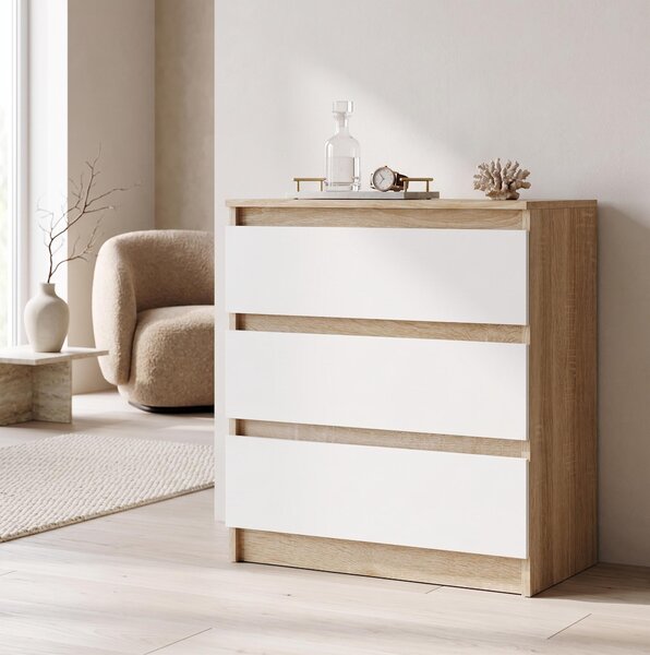 Moderní komoda se 3 zásuvkami | Bílá přídavná skříňka | Komoda se zásuvkami 70 x 74,5 x 40 cm | Do ložnice, obývacího pokoje a předsíně, Sonoma / bílá