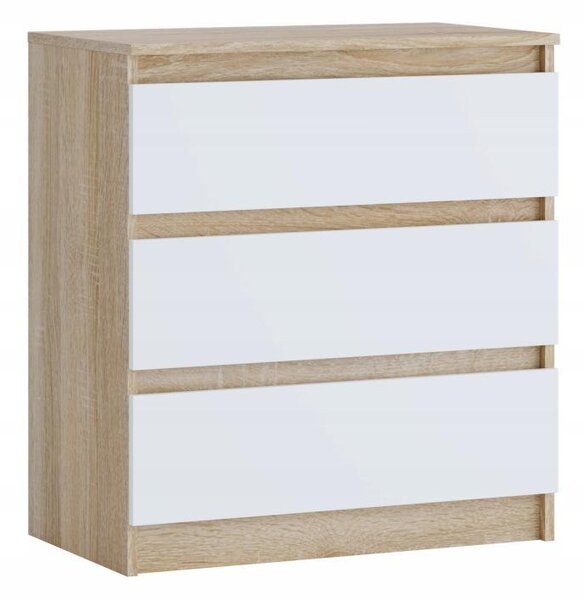 Moderní komoda se 3 zásuvkami | Bílá přídavná skříňka | Komoda se zásuvkami 70 x 74,5 x 40 cm | Do ložnice, obývacího pokoje a předsíně, Sonoma / bílá
