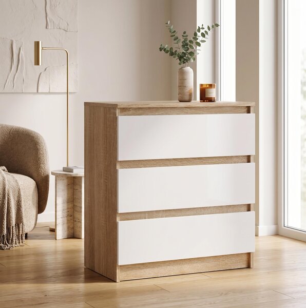 Moderní komoda se 3 zásuvkami | Bílá přídavná skříňka | Komoda se zásuvkami 70 x 74,5 x 40 cm | Do ložnice, obývacího pokoje a předsíně, Sonoma / bílá