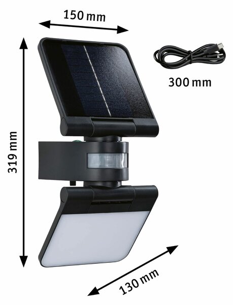 PAULMANN Solární LED osvětlení zdí Lesla pohybové čidlo IP65 hranaté 150x130mm 3000K 12,5W antracit umělá hmota